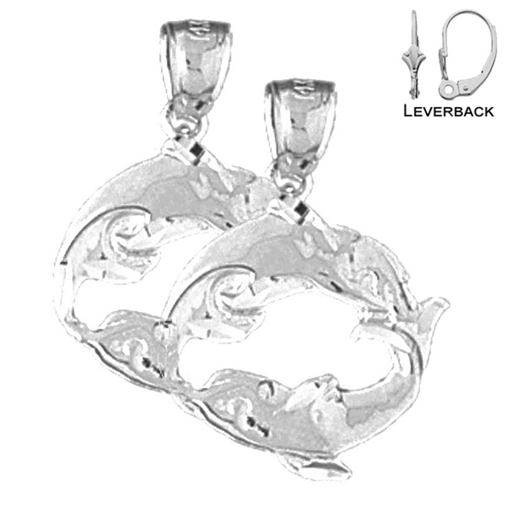 Sterling Silver 23mm Dolphin Earrings (White or Yellow Gold Plated)