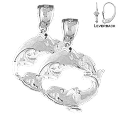 Sterling Silver 23mm Dolphin Earrings (White or Yellow Gold Plated)