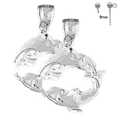 Sterling Silver 23mm Dolphin Earrings (White or Yellow Gold Plated)