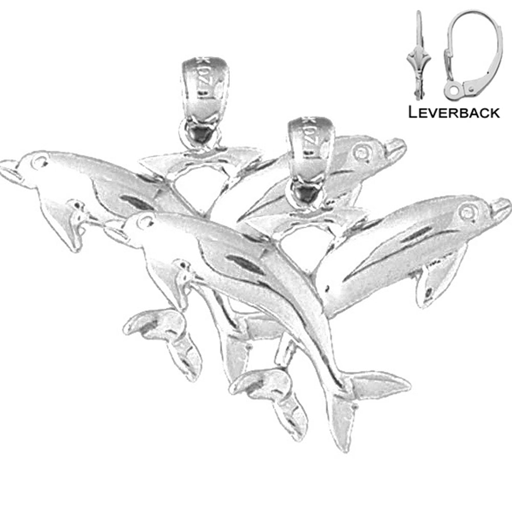 Sterling Silver 26mm Dolphin Earrings (White or Yellow Gold Plated)