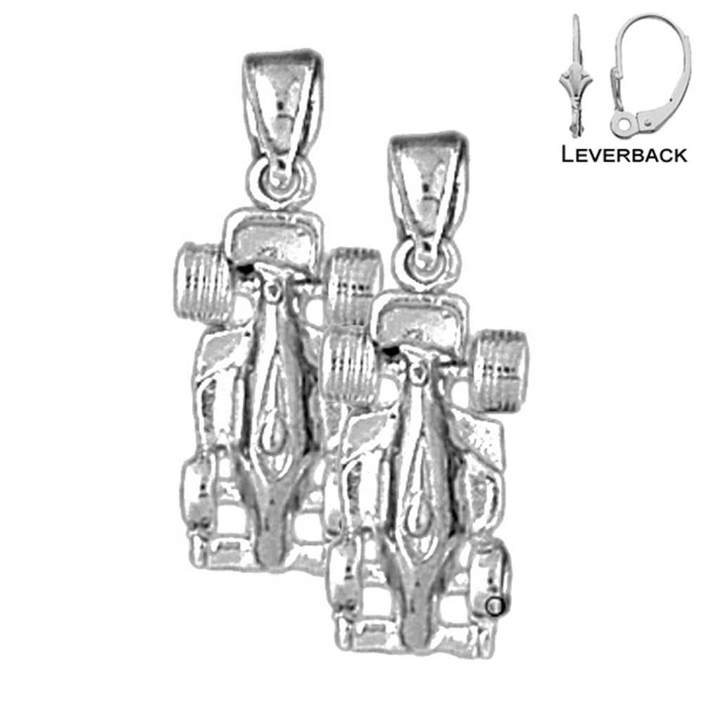 Sterling Silver 24mm Race Car Earrings (White or Yellow Gold Plated)