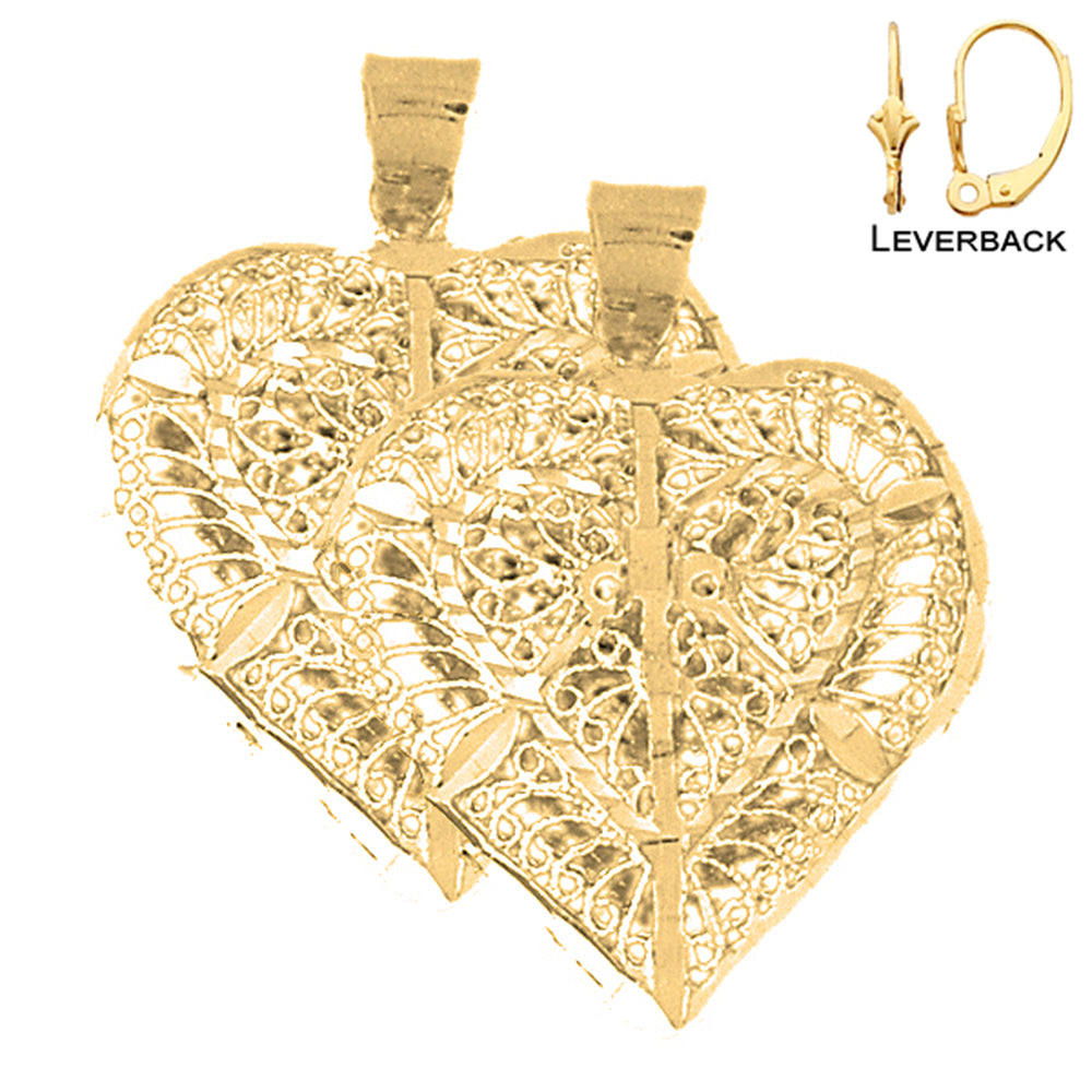 Pendientes de corazón de filigrana 3D de 34 mm de oro de 14 quilates o 18 quilates
