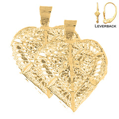 Pendientes de corazón de filigrana 3D de plata de ley de 34 mm (chapados en oro blanco o amarillo)