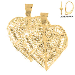 Sterling Silver 34mm 3D Filigree Heart Earrings (White or Yellow Gold Plated)