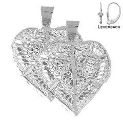 Sterling Silver 34mm 3D Filigree Heart Earrings (White or Yellow Gold Plated)