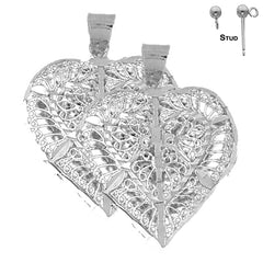 Pendientes de corazón de filigrana 3D de plata de ley de 34 mm (chapados en oro blanco o amarillo)