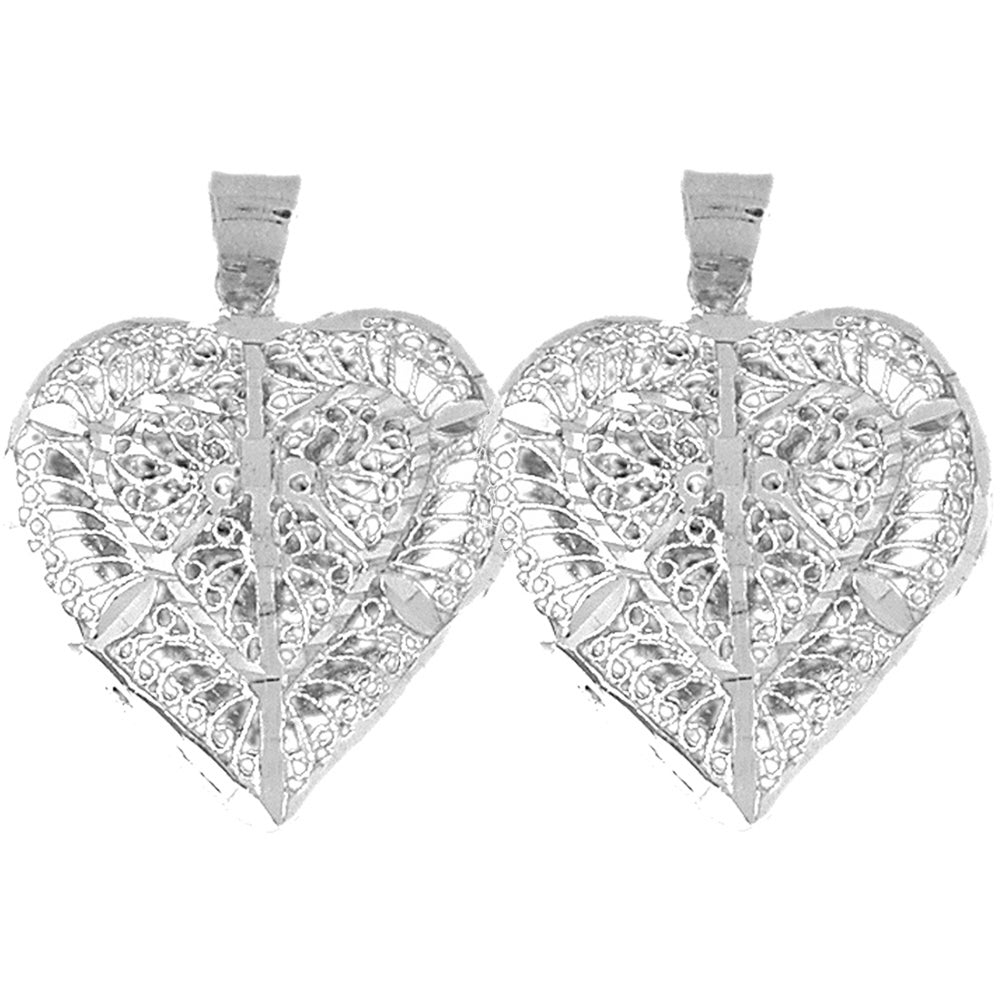 Sterling Silver 34mm 3D Filigree Heart Earrings