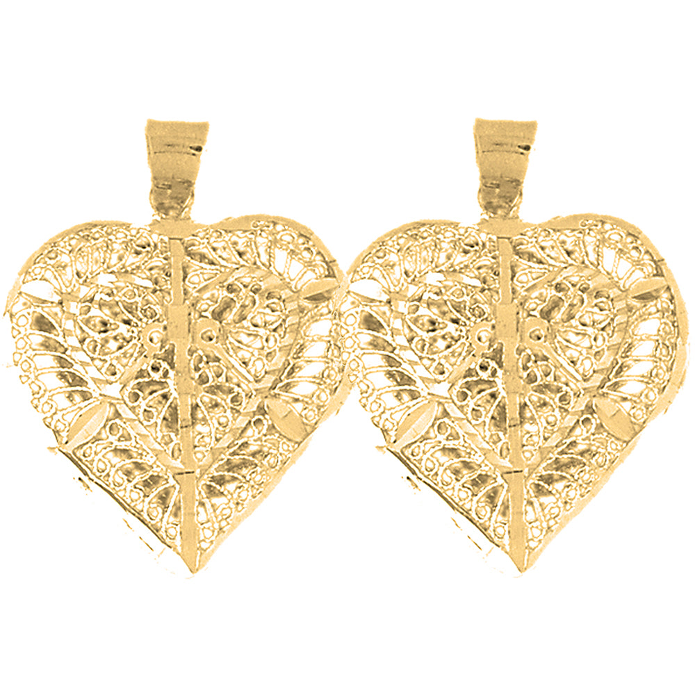 Yellow Gold-plated Silver 34mm 3D Filigree Heart Earrings