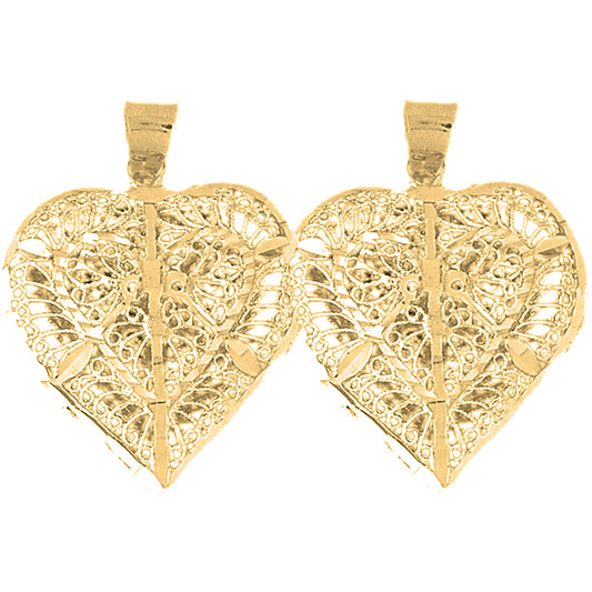 Yellow Gold-plated Silver 34mm 3D Filigree Heart Earrings