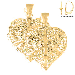 Sterling Silver 31mm 3D Filigree Heart Earrings (White or Yellow Gold Plated)