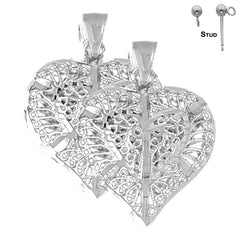 Sterling Silver 31mm 3D Filigree Heart Earrings (White or Yellow Gold Plated)