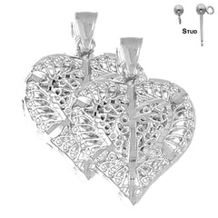 Pendientes de corazón de filigrana 3D de plata de ley de 31 mm (chapados en oro blanco o amarillo)