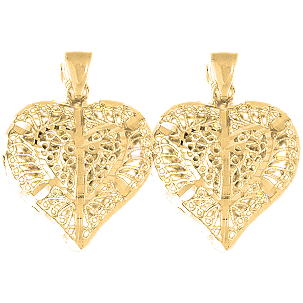 Yellow Gold-plated Silver 31mm 3D Filigree Heart Earrings