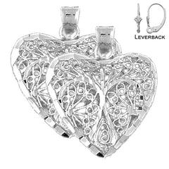 Sterling Silver 24mm 3D Filigree Heart Earrings (White or Yellow Gold Plated)