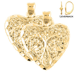 Sterling Silver 24mm 3D Filigree Heart Earrings (White or Yellow Gold Plated)