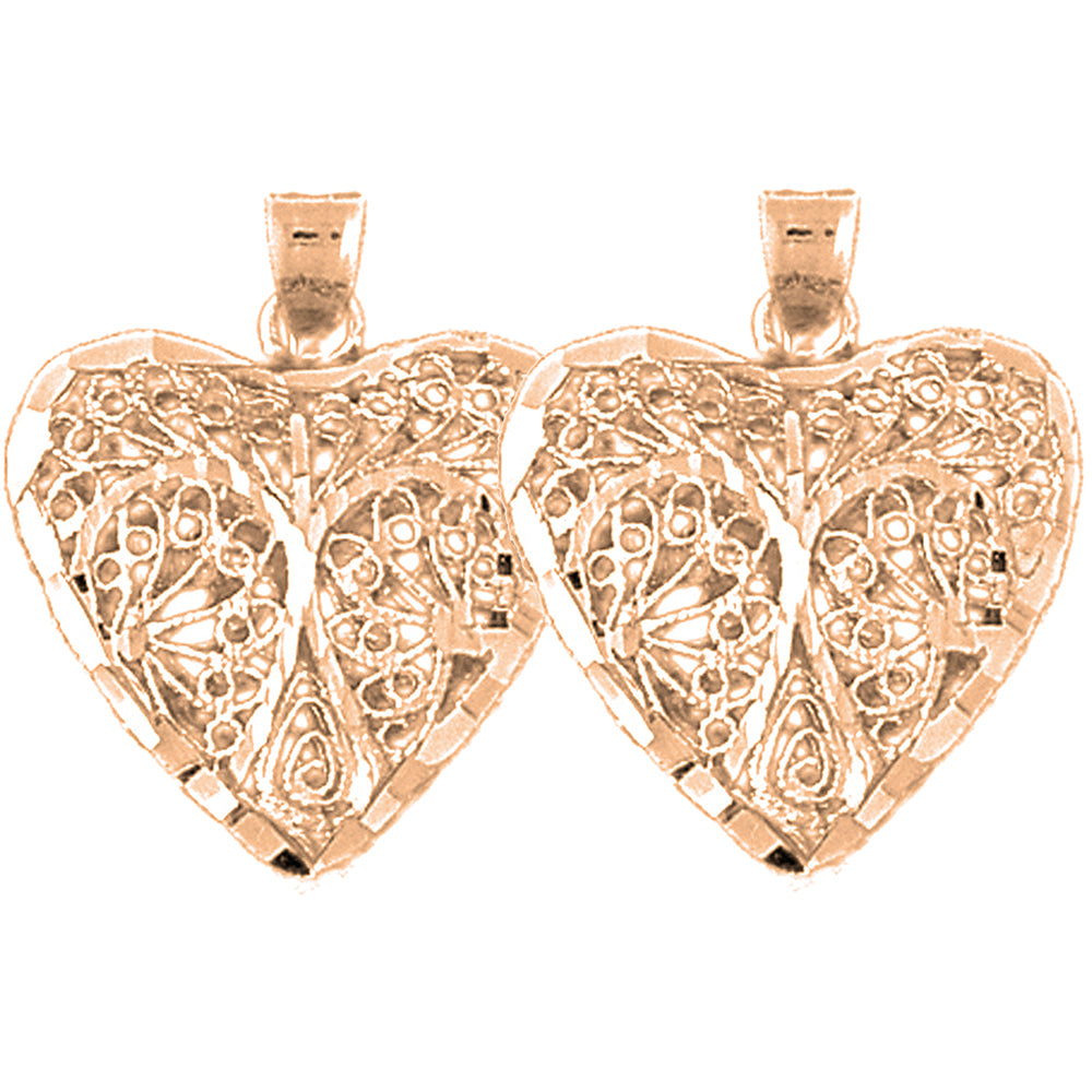 14K or 18K Gold 24mm 3D Filigree Heart Earrings