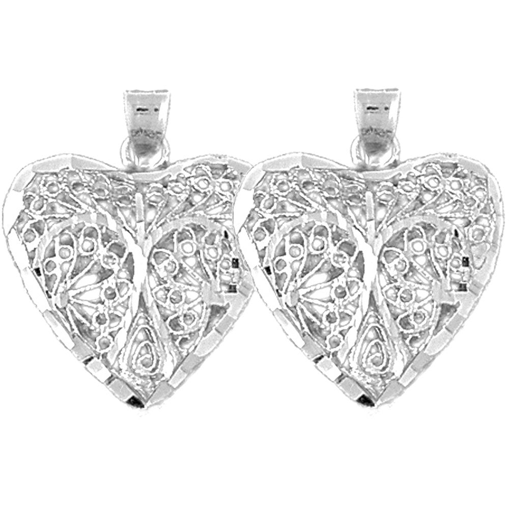 Sterling Silver 24mm 3D Filigree Heart Earrings