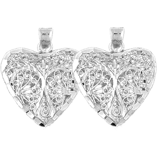 Sterling Silver 24mm 3D Filigree Heart Earrings