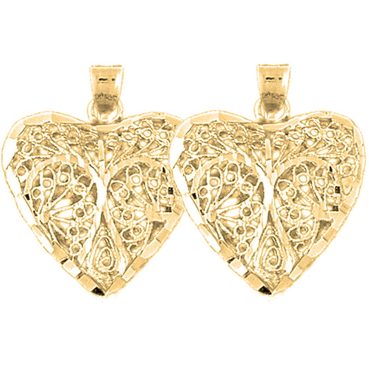 Yellow Gold-plated Silver 24mm 3D Filigree Heart Earrings