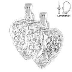 Pendientes de corazón de filigrana 3D de plata de ley de 24 mm (chapados en oro blanco o amarillo)