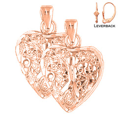 Pendientes de corazón de filigrana 3D de 24 mm de oro de 14 quilates o 18 quilates