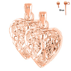 Pendientes de corazón de filigrana 3D de 24 mm de oro de 14 quilates o 18 quilates