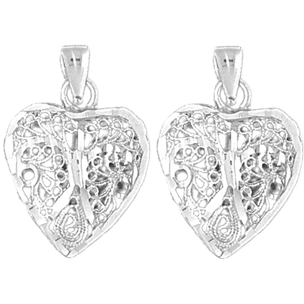Sterling Silver 24mm 3D Filigree Heart Earrings