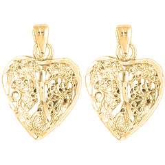 Yellow Gold-plated Silver 24mm 3D Filigree Heart Earrings
