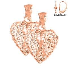 Pendientes de corazón de filigrana 3D de 22 mm de oro de 14 quilates o 18 quilates