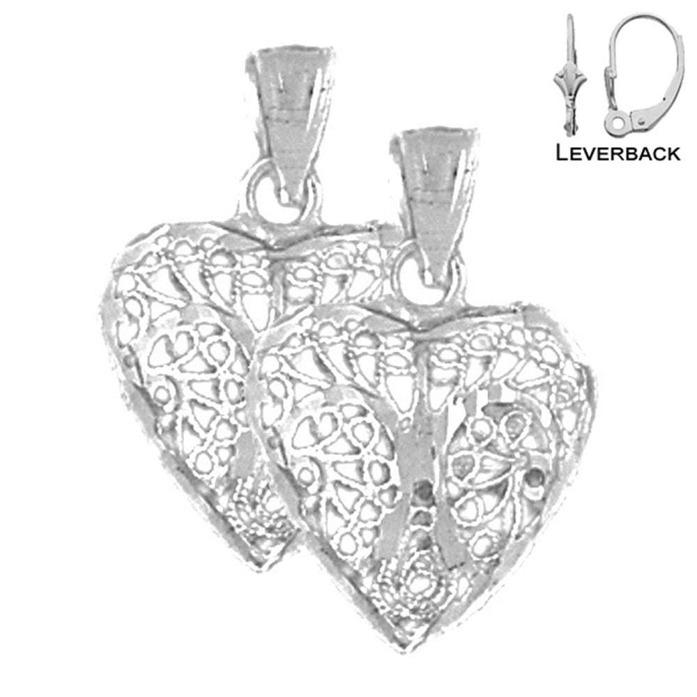 Sterling Silver 22mm 3D Filigree Heart Earrings (White or Yellow Gold Plated)
