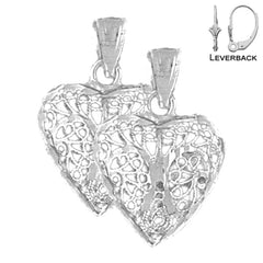 Sterling Silver 22mm 3D Filigree Heart Earrings (White or Yellow Gold Plated)