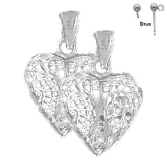 Pendientes de plata de ley con forma de corazón de filigrana 3D de 22 mm (chapados en oro blanco o amarillo)