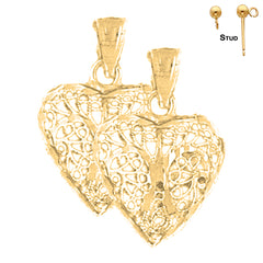 Sterling Silver 22mm 3D Filigree Heart Earrings (White or Yellow Gold Plated)