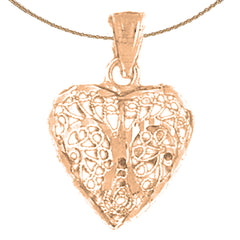 Colgante de corazón de filigrana 3D de oro de 14 quilates o 18 quilates