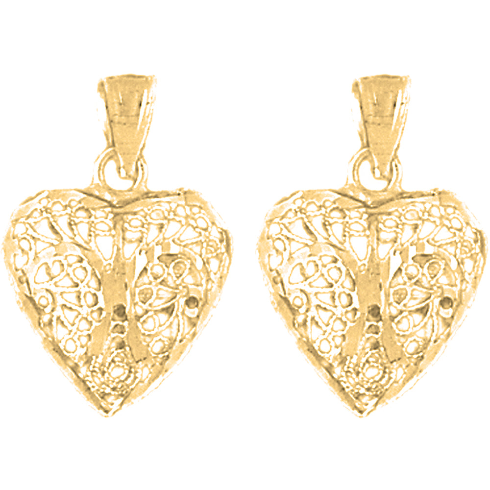 Yellow Gold-plated Silver 22mm 3D Filigree Heart Earrings