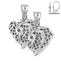 Sterling Silver 16mm 3D Filigree Heart Earrings (White or Yellow Gold Plated)