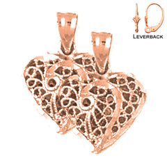 Pendientes de corazón de filigrana 3D de 16 mm de oro de 14 quilates o 18 quilates