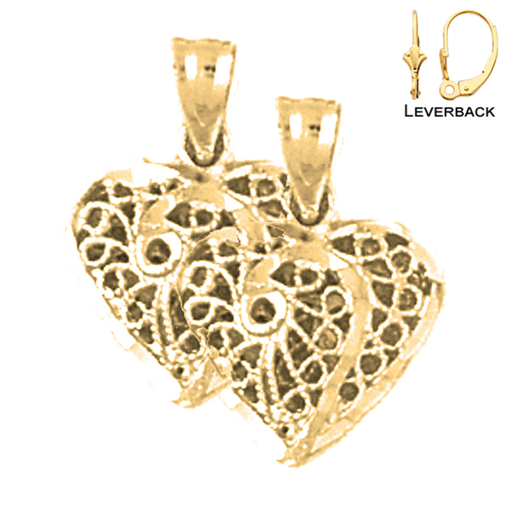 Pendientes de corazón de filigrana 3D de 16 mm de oro de 14 quilates o 18 quilates