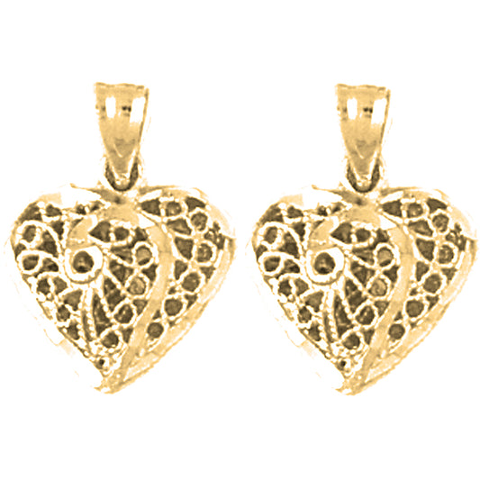 Yellow Gold-plated Silver 16mm 3D Filigree Heart Earrings