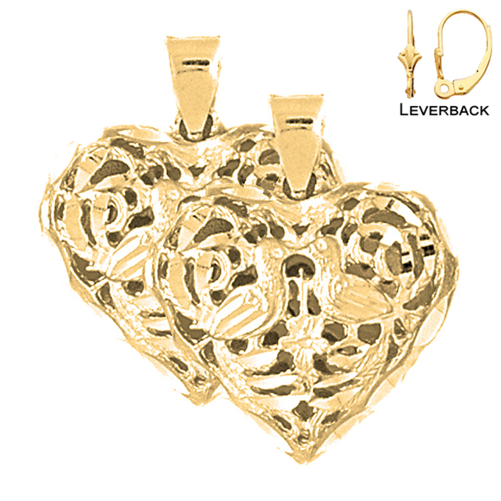 Pendientes de corazón de filigrana 3D de 26 mm de oro de 14 quilates o 18 quilates