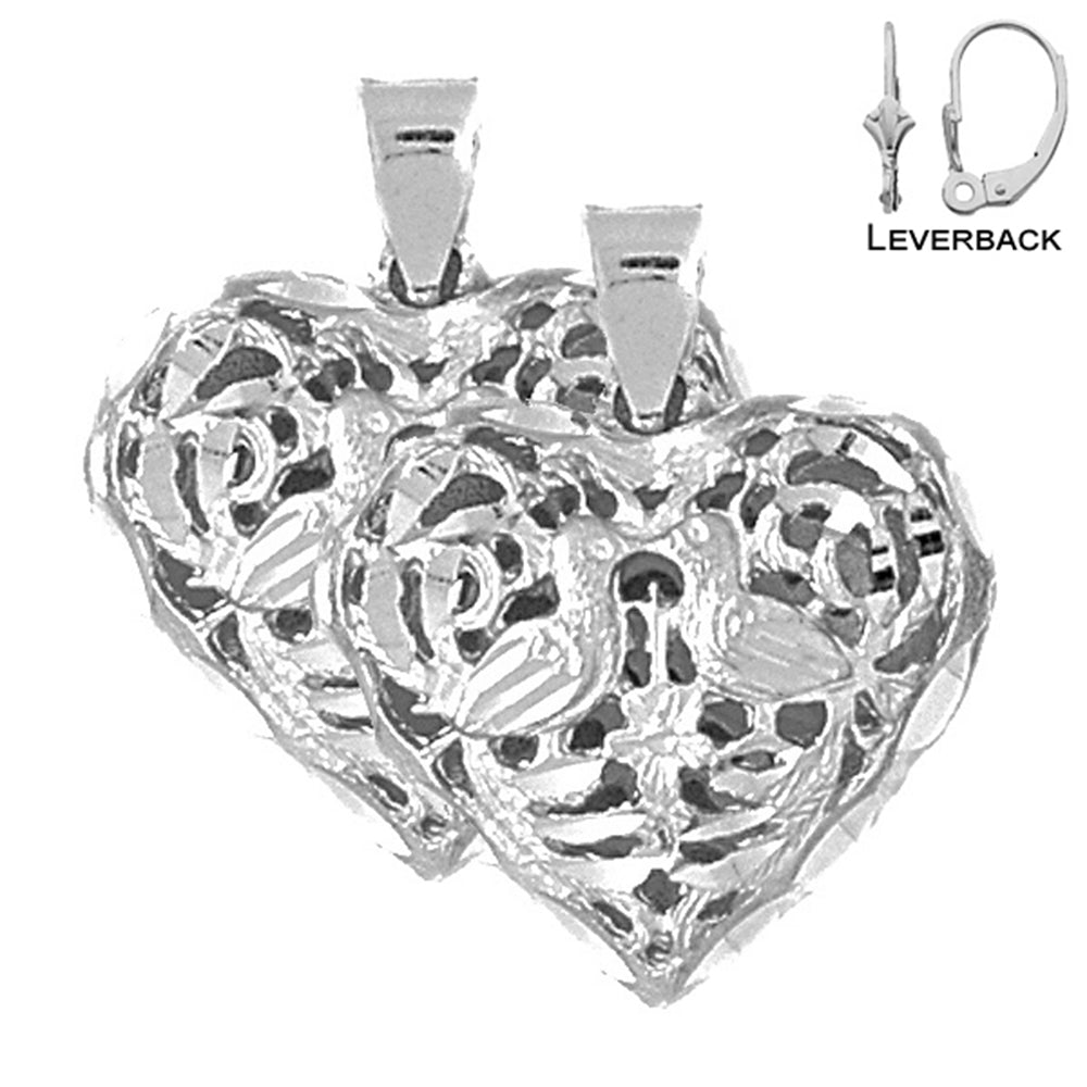 Sterling Silver 26mm 3D Filigree Heart Earrings (White or Yellow Gold Plated)