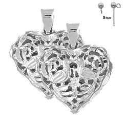 Sterling Silver 26mm 3D Filigree Heart Earrings (White or Yellow Gold Plated)