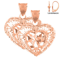 Pendientes de corazón de filigrana 3D de 28 mm de oro de 14 quilates o 18 quilates