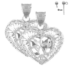 Sterling Silver 28mm 3D Filigree Heart Earrings (White or Yellow Gold Plated)