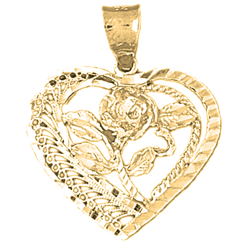 10K, 14K or 18K Gold Heart And Rose Pendant