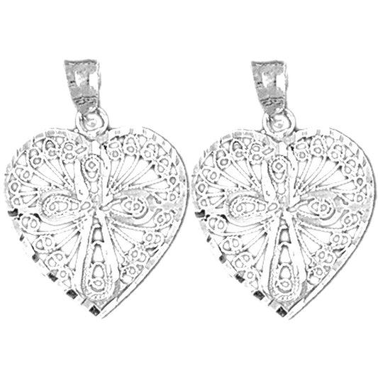 Sterling Silver 25mm Heart With Cross Earrings