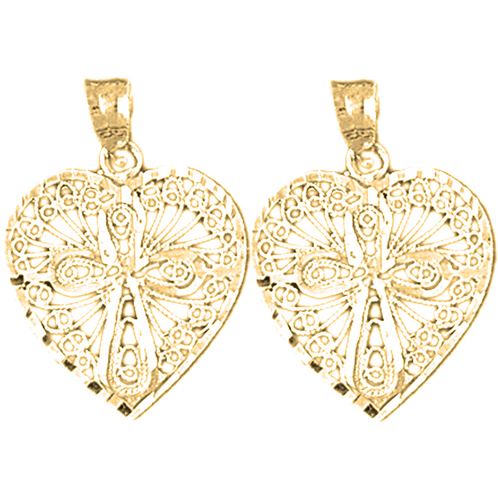 Yellow Gold-plated Silver 25mm Heart With Cross Earrings