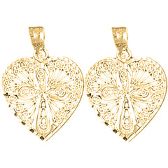Yellow Gold-plated Silver 25mm Heart With Cross Earrings