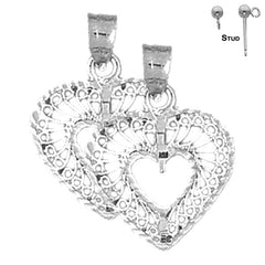 Pendientes de corazón de plata de ley de 23 mm (chapados en oro blanco o amarillo)