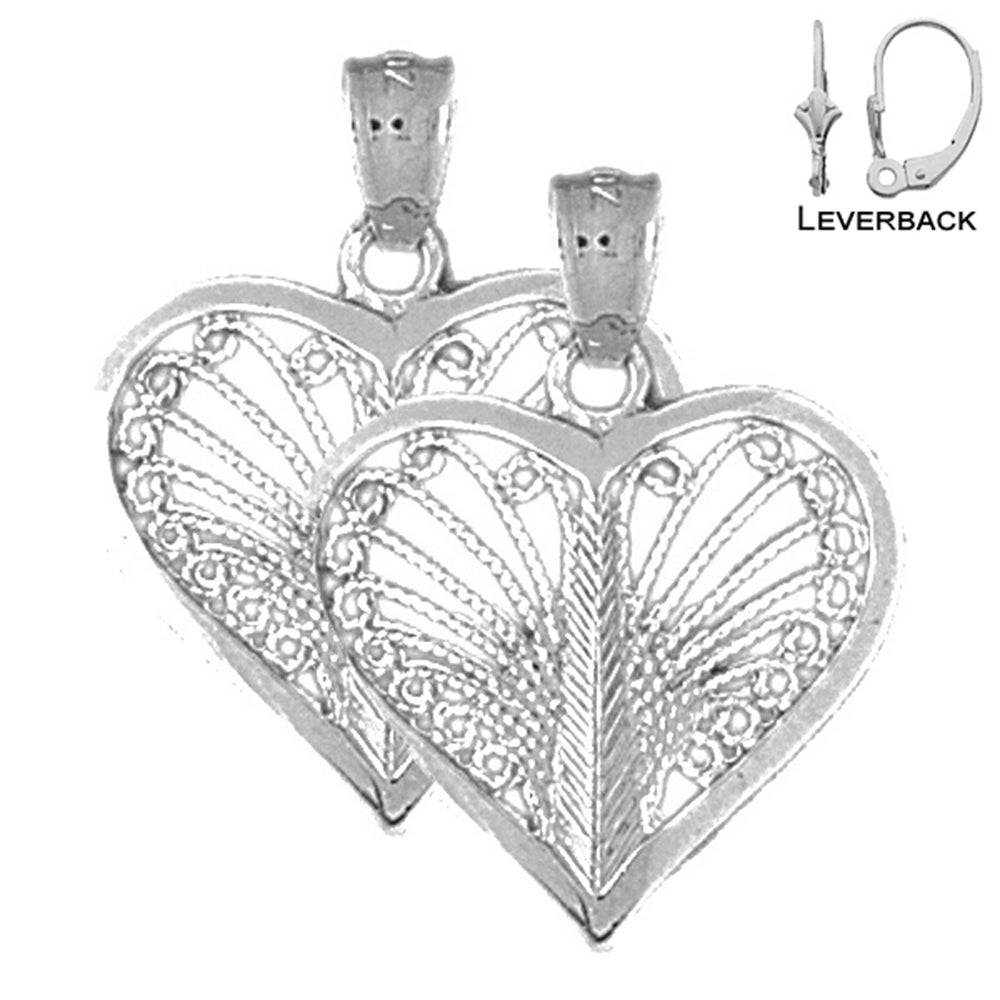 Pendientes de corazón de plata de ley de 25 mm (chapados en oro blanco o amarillo)